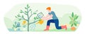 The gardener waters the tree. Hand drawn, vector illustration