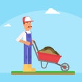 Gardener with wheelbarrow flat vector illustration