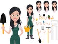 Gardener woman, cartoon character in uniform