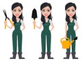 Gardener woman, cartoon character in uniform