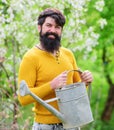 Gardener work. Farmer working in garden. Bearded man with watering can preparing to planting. Spring.
