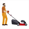 Gardener working flat vector illustration isolated on a white background. A farmer handyman mows grass with a manual lawn mower