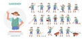 Gardener working poses infographic set, elderly man worker farmer character planting, harvesting Royalty Free Stock Photo