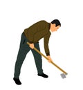 Gardener working soil with hoe in garden vector illustration. Villager man digging earth. Farmer put the seed of plant in the grou