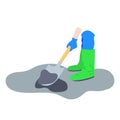 Gardener works in garden. Man dig ground with a shovel. Vector flat illustration.