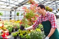 Gardener works in a greenhouse of a flower shop