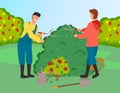 Gardeners cutting bushes cartoon vector illustration. Farmworkers using gardening scissors Royalty Free Stock Photo