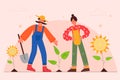 Gardeners flat vector illustration. Couple of farmers planting sunflowers in garden. Male and female cartoon characters