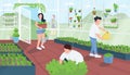 Gardeners in greenhouse flat color vector illustration