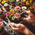 Gardeners hands planting flowers. Hand holding small flower in the garden