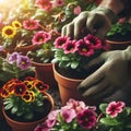 Gardeners hands planting flowers. Hand holding small flower in the garden