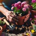 Gardeners hands planting flowers. Hand holding small flower in the garden