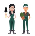 Gardeners, man and woman, cartoon characters, set.