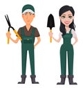 Gardeners, man and woman, cartoon characters, set.