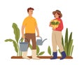 Gardeners. People in garden, planting season. Green plants, woman hold flowers in pot. Man with bucket and watering can Royalty Free Stock Photo