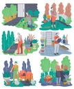 Gardeners set. Men working in the garden. People with plants and tools work outdoor and in the greenhouse.