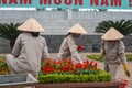 Gardeners tending Salvia flower beds at Ho Chi Minh Tomb in Hanoi, Vietnam