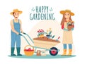 Gardeners with tools. Family couple garden workers, happy man and woman, wheelbarrow with earth and flower seedlings