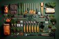 Gardeners tools and seed packets on green background. Generative AI.