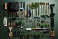 Gardeners tools and seed packets on green background. Generative AI.