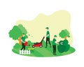 Gardeners Working Together Watering Flowers Cutting Leaves and Mowing the Lawn Illustration