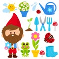 Garden gnome in the garden in spring. Vector illustration