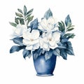 Gardenia Arrangement Watercolor Clipart On Denim Blue Hues