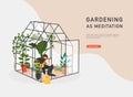 Gardening as meditation. Woman planting gardens flowers, agriculture gardener hobby and garden job inside glass greenhouse