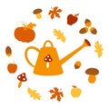Gardening. Autumn set: watering can, pumpkin, apple, mushroom, acorn, maple and oak leaf. Harvest festival. Inventory. Flat design