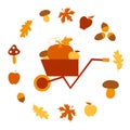 Gardening. Autumn set: wheelbarrow, pumpkin, apple, mushroom, acorn, maple and oak leaf. Harvest festival. Inventory. Flat design