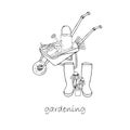 Gardening banner. Monochrome hand drawn graphic art design wheelbarrow, rake, shovel, watering, ruber buts, flower Royalty Free Stock Photo