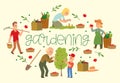 Gardening banner vector illustration. Equipment for land such as rake, shovel, bucket. Farmer picking fruit and