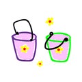 Gardening or beachfront pink bucket childrens toy for sand in a deliberately childish style. Imitation child drawing. Sketch,