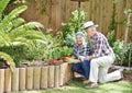 Gardening is the best way to stay young. A happy senior couple busy gardening in their back yard. Royalty Free Stock Photo