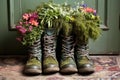 gardening boots with bits of grass on a floral door mat