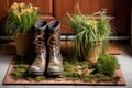 gardening boots with bits of grass on a floral door mat