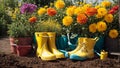 Gardening boots, flower pots the garden