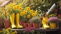 Gardening boots, flower pots the garden summer