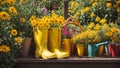 Gardening boots, flower pots the garden summer gardening outdoors