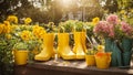 Gardening boots, flower pots the garden summer gardening outdoors cultivate