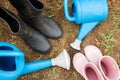 Gardening boots in garden.