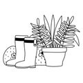 Gardening, boots potted plant flowers and bush nature line icon style