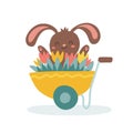 Gardening bunny sitting in a wheelbarrow full of wild flowers. Perfect for fabric, party invitations, baby and kids, and