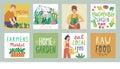 Gardening cards with letterings, working people and other elements. Farmers products and home Garden set. Flat