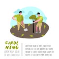 Gardening Cartoons Poster. Funny Simple Characters with Plants and Trees. Man Gardener