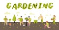 Gardening Cartoons Poster. Funny Simple Characters with Plants and Trees. Man and Woman Gardener
