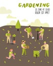 Gardening Cartoons Poster. Funny Simple Characters with Plants and Trees. Man and Woman Gardener