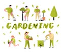 Gardening Cartoons Set. Funny Simple Characters with Plants and Trees. Man and Woman Gardener