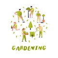 Gardening Cartoons Set. Funny Simple Characters with Plants and Trees. Man and Woman Gardener