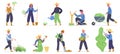 Gardening characters. Farm workers, gardeners planting, watering and gathering agriculture plants and greens. Gardener